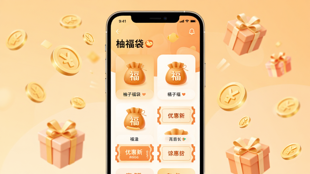画面中央展示一部智能手机,屏幕内呈现“柚子福袋”APP的首页界面,界面中有多个福袋图标和优惠券标签,背景为柔和的暖橙色渐变,周围漂浮着金币和礼盒元素,整体风格清新活泼,布局简洁明了,画质高清,干净无多余元素