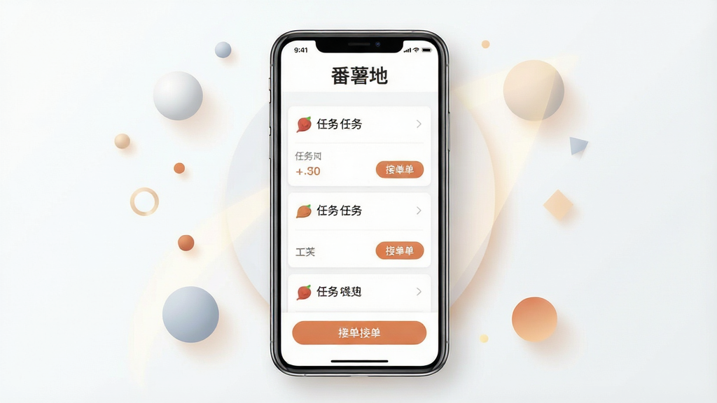 一张展示“番薯地”手机应用主界面的预览图,画面中央是一台竖屏智能手机,手机屏幕内显示清晰的任务列表界面,界面顶部有“番薯地”三个字的品牌标识,下方排列着多个任务卡片和接单按钮,手机周围有简洁的几何图形和柔和的光影点缀,整体布局居中对称,风格清新现代,细节干净利落,画质清晰,无多余元素