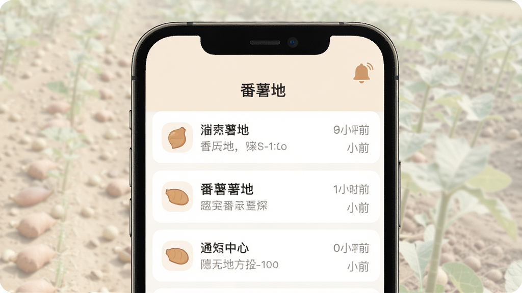 一张“番薯地”消息通知中心界面的生图,画面以手机屏幕为主体,屏幕内显示多条通知消息,每条消息左侧有图标,右侧有简短文字说明和时间标签,手机上方有一个铃铛图标,整体色调柔和,布局清晰,风格干净简约,画质细腻,无多余装饰