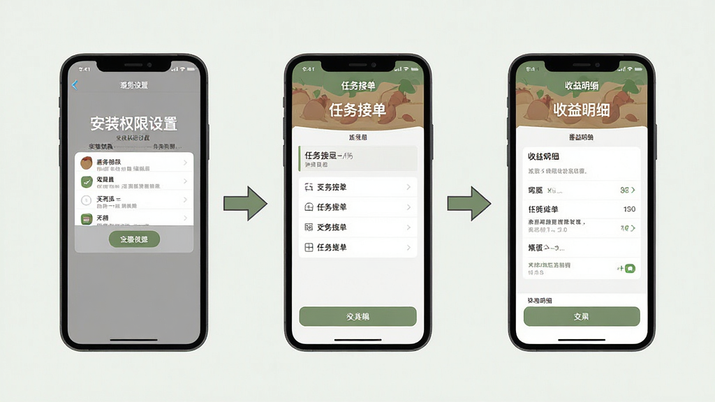 一张展示“番薯地”在手机端操作流程的示意图,画面左侧为安装权限设置界面,中间为任务接单界面,右侧为收益明细界面,三个手机屏幕并排排列,屏幕之间有箭头连接表示操作顺序,整体风格扁平化,色调统一,排版清晰,画质干净,无多余元素