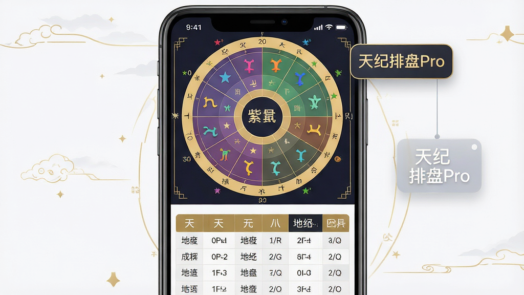 一张展示天纪排盘Pro多维度排盘功能界面的概念图,主体为手机屏幕内同时呈现紫微斗数圆盘与八字四柱表格的叠加视图,布局采用上下分区排版,上方为彩色星曜命盘,下方为天干地支文字表格,屏幕外有“天纪排盘Pro”悬浮标识,风格为现代扁平化UI设计搭配古典金色线条,细节包括清晰的宫位分割线与数据标签,画质为高清,画面干净整洁,无多余元素