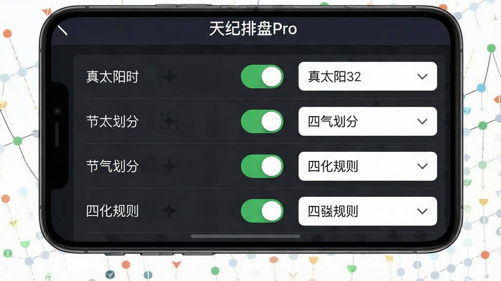 一张展示天纪排盘Pro参数设置界面的效果图,主体为手机屏幕显示参数配置面板,布局为左侧列出选项名称、右侧对应开关与下拉菜单,排版整齐有序,风格为极简商务风,细节包含“真太阳时”“节气划分”“四化规则”等文字标签,屏幕顶部有“天纪排盘Pro”标题,画质为2K高清,画面干净无杂乱元素
