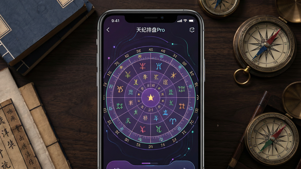 一张展示天纪排盘Pro软件界面的高清预览图,主体为智能手机屏幕竖屏显示排盘结果,布局中央为紫微斗数命盘圆盘与天干地支信息,屏幕上方有“天纪排盘Pro”文字标题,周围环境为深色木质桌面与古籍书卷、罗盘摆件,排版采用居中对称构图,风格为写实科技与中国传统风水文化融合,细节包含清晰的星曜名称、宫位刻度与流畅的UI线条,画质为4K高清,画面干净无多余元素