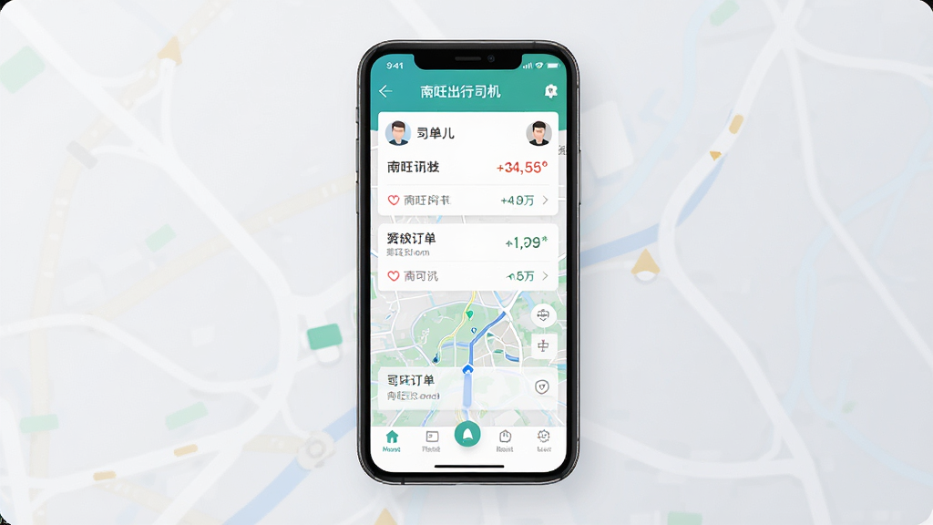 一张手机屏幕展示南旺出行司机端应用主界面的预览图,画面中央是手机正面竖屏,屏幕上显示订单列表和地图导航元素,背景为浅灰色渐变,整体布局简洁明了,风格为现代扁平化UI设计,细节包括订单卡片、司机头像、收入数据面板,画质清晰,干净,无多余元素
