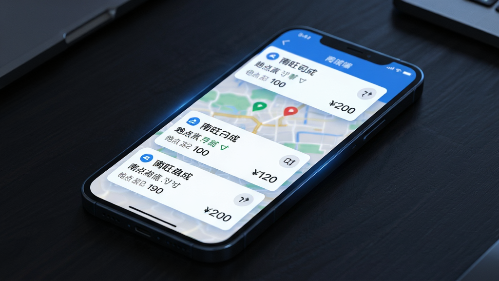 一幅展示南旺出行司机端订单推送功能的AI生图,画面主体是一部智能手机,屏幕上弹出多个订单卡片,卡片上标注起点终点和价格信息,布局为手机居中放置于深色桌面,排版突出订单卡片细节,风格为科技感写实风,细节包括蓝色调光效、地图背景虚化、订单信息清晰可读,画质高清,干净,无多余元素