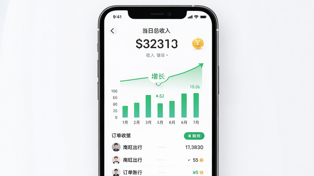 南旺出行司机端收入统计页面生图,画面主体为手机屏幕展示收入图表,布局为上方显示当日总收入数字,下方为柱状图和订单列表,排版简洁有序,风格为商务简约风,细节包括绿色收入增长曲线、金币图标、账单条目,画质清晰,干净,无多余元素
