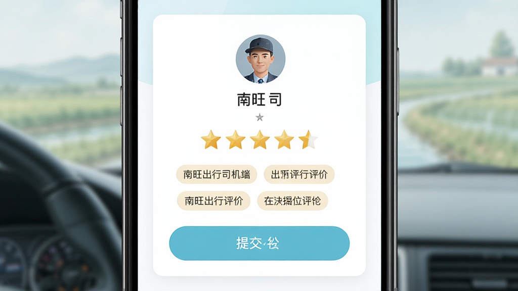 南旺出行司机端服务评价界面展示图,主体为手机屏幕显示五星评分和评价标签,布局为居中卡片式设计,排版上方为司机头像和姓名,下方为评价选项,风格为清新浅色风,细节包括金色星星、文字评价标签、提交按钮,画质清晰,干净,无多余元素