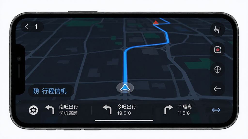 南旺出行司机端导航功能界面展示图,主体为手机横屏显示地图导航画面,布局为地图占据主要区域,排版底部显示行程信息栏,风格为暗色系车载导航风格,细节包括蓝色路线轨迹、转向箭头、距离时间提示,画质清晰,干净,无多余元素