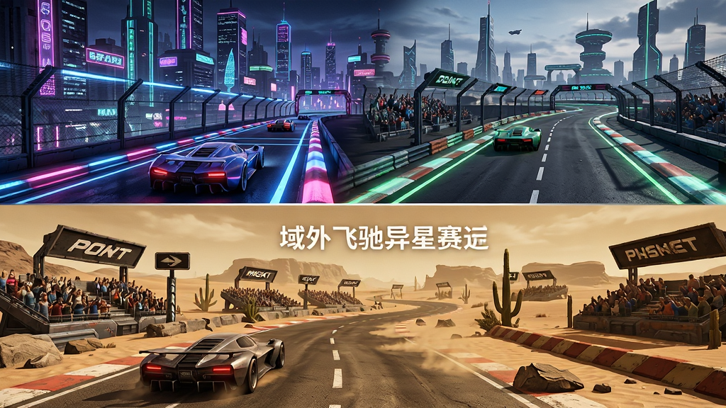 域外飞驰异星赛道场景展示图,主体为多条不同风格的赛道拼接画面,布局为上下分栏排版,上方为霓虹都市赛道,下方为荒漠废土赛道,风格为科幻竞速游戏宣传图,细节包含赛道边缘的光效、路标、观众席与远景建筑,画质清晰干净无多余元素