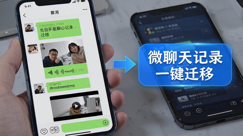 手机屏幕中展示着微信聊天界面,聊天记录中包含文字、图片、语音条和视频缩略图,旁边有箭头指向另一部手机,画面中带有“微聊天记录一键迁移”文字标识,科技蓝配色,细节丰富,画质清晰