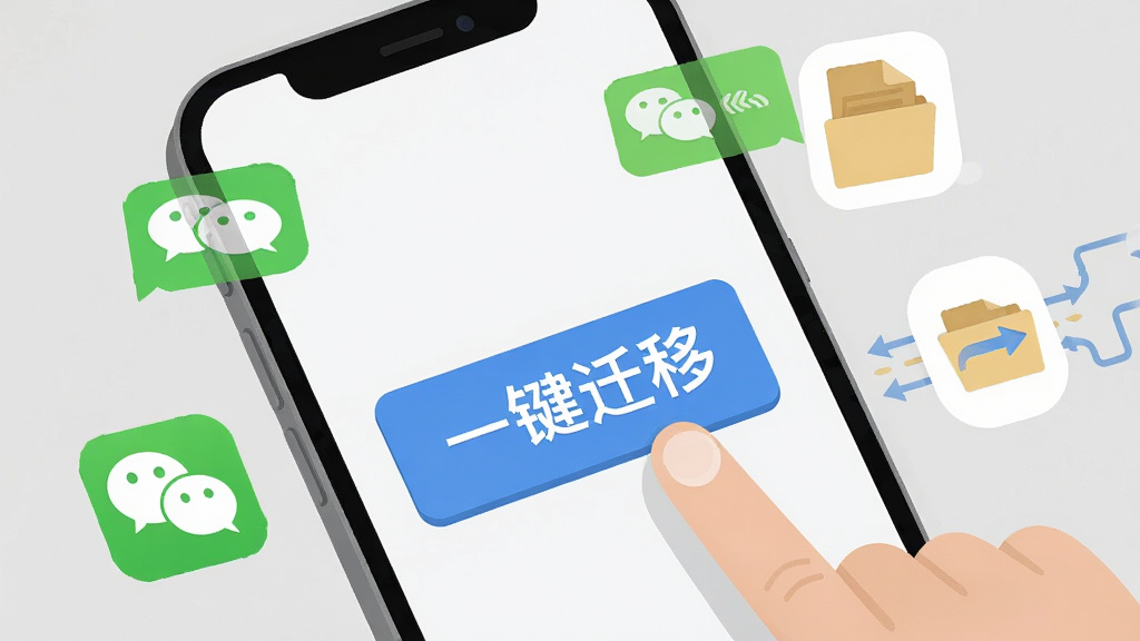 一部手机屏幕上显示着大大的“一键迁移”按钮,手指即将点击,周围环绕着微信聊天图标和文件传输符号,背景为浅灰色,扁平化设计风格,画面干净整洁,画质高清