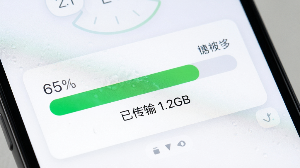 手机屏幕上显示着数据迁移进度条达到百分之六十五,下方有“已传输 1.2GB”字样,进度条为绿色渐变,背景为白色卡片式设计,简洁明了,画质高清