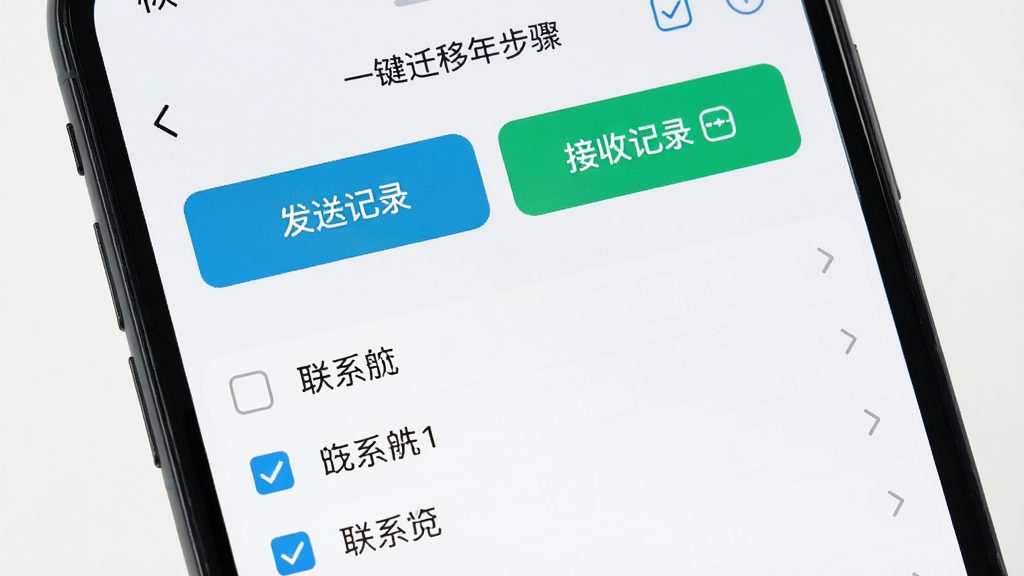 手机屏幕上显示微聊天记录一键迁移的操作步骤界面,包含“发送记录”和“接收记录”两个大按钮,下方有勾选联系人的列表,界面简洁清晰,背景为浅色,画质高清