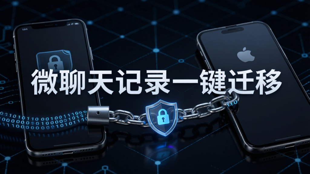 一部手机和另一部手机之间有一条加密锁链连接,锁链上显示着二进制代码和盾牌图标,背景为深色科技网格,中间有“微聊天记录一键迁移”字样,风格安全可靠,画质精细
