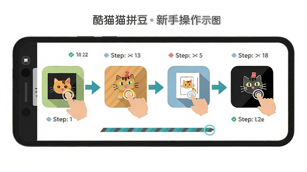 酷猫拼豆新手操作示意图,主体为手机屏幕展示从选图到生成图纸的四个步骤图标,布局为横向排列的流程箭头,排版简洁明了,风格为扁平化教学插画,细节包含手指点击图标与进度提示,画质清晰干净无多余文字