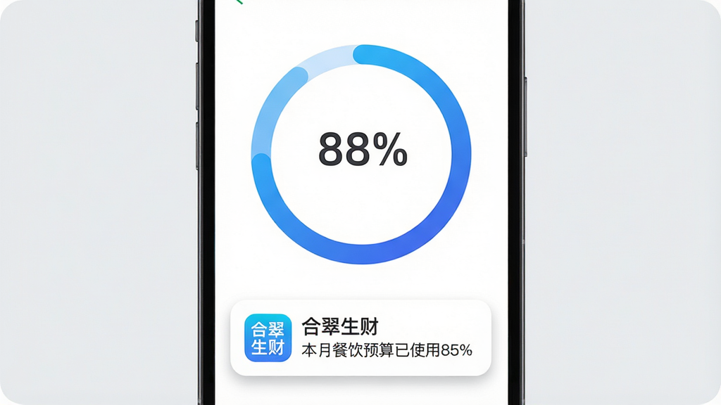 合翠生财预算提醒功能展示,画面中央是手机屏幕,屏幕上显示一个环形预算进度图,环形图中间有百分比数字,下方有“合翠生财”应用图标和一条通知提醒“本月餐饮预算已使用85%”,背景为浅灰色,风格为扁平化信息图,细节上环形图有蓝色渐变填充,通知卡片有圆角阴影,画质高清,画面干净,无多余元素