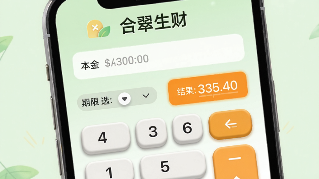 合翠生财收益测算工具界面,画面展示手机屏幕上的计算器式界面,有本金输入框、期限选择器和收益结果展示区,屏幕顶部有“合翠生财”标题,背景为淡绿色,风格为清新工具类UI,细节上数字键盘有立体感,结果区域用橙色高亮,画质清晰,画面干净,无多余元素