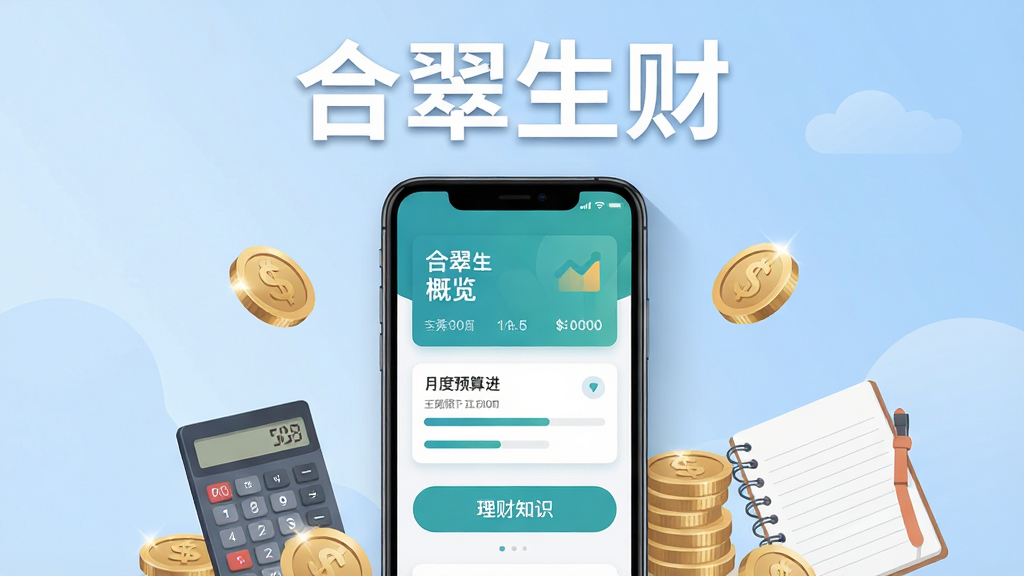 合翠生财手机应用主界面展示,画面中央是一台竖屏智能手机,手机屏幕上显示合翠生财应用的主页,主页包含收支概览卡片、月度预算进度条和理财知识入口按钮,手机周围散落着金币、计算器和笔记本等财务元素,背景为柔和的浅蓝色渐变,整体布局采用居中构图,风格为现代扁平化插画,细节上手机边缘有轻微阴影,金币有金属光泽,画质为高清2K,画面干净整洁,无多余杂乱元素,图片上方用白色粗体字标注“合翠生财”