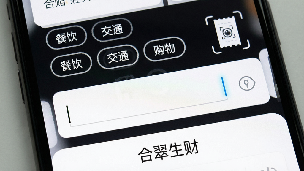 合翠生财智能记账界面特写,画面展示手机屏幕上的记账输入框和智能分类标签,标签包括“餐饮”“交通”“购物”等,旁边有一个小票拍照图标,屏幕下方显示“合翠生财”字样,背景为白色卡片式布局,风格为简洁UI设计,细节上标签有浅灰色边框,输入框有光标闪烁效果,画质清晰,画面干净,无多余装饰元素