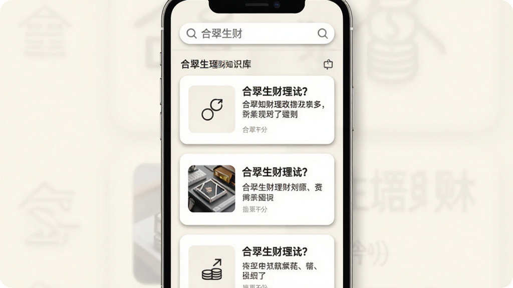合翠生财理财知识库页面,画面展示手机屏幕上的卡片式文章列表,每张卡片有标题和缩略图,屏幕顶部有“合翠生财”搜索栏,背景为米白色,风格为杂志式排版,细节上卡片有轻微投影,缩略图为简约图标,画质高清,画面干净,无多余元素