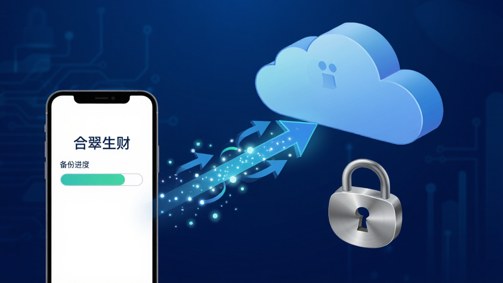 合翠生财云端备份功能示意图,画面中央是手机与云朵图标之间的数据流箭头,手机屏幕上显示“合翠生财”备份进度条,云朵下方有锁形图标表示加密,背景为深蓝色科技感渐变,风格为扁平化科技插画,细节上数据流有光点效果,锁图标有金属质感,画质高清,画面干净,无多余元素