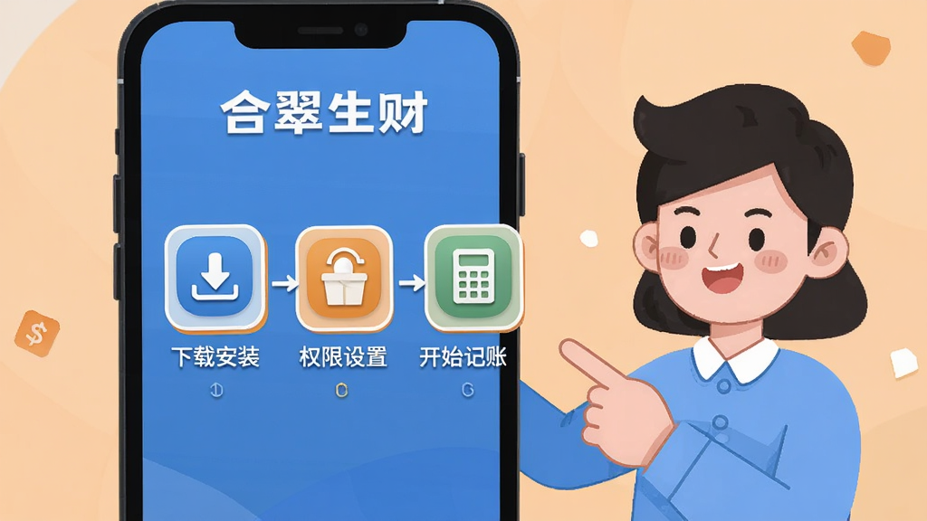 合翠生财新手操作指引图,画面展示一部手机屏幕,屏幕上分步骤显示“下载安装”“权限设置”“开始记账”三个图标,每个图标下方有简短文字,手机旁边有一个卡通人物用手指向屏幕,背景为浅橙色,风格为扁平化教程插画,细节上图标有圆角矩形边框,人物表情友好,画质高清,画面干净,无多余元素,图片中文字包含“合翠生财”