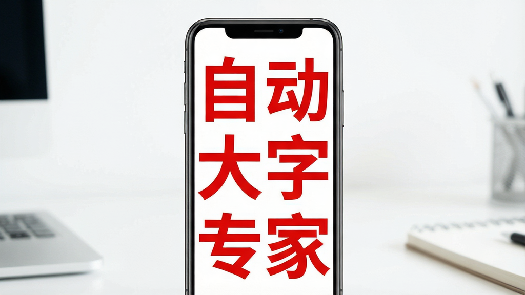 一张展示手机屏幕显示超大号红色文字的图片,画面中央是一部竖屏智能手机,手机屏幕上显示着“自动大字专家”五个大字,文字颜色为亮红色,背景为纯白色,手机周围是简洁的桌面环境,整体风格干净明亮,排版居中,细节清晰,画质高清,无多余元素