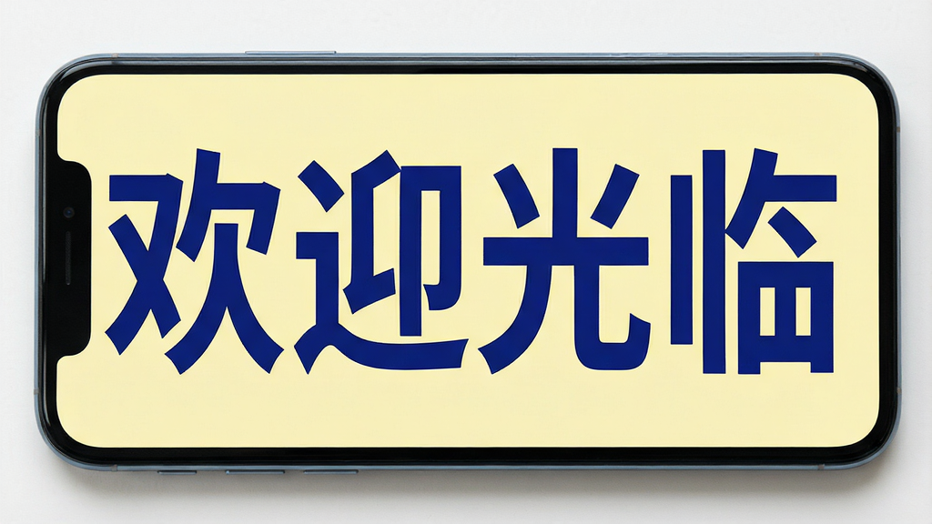 一张展示手机横屏状态下显示超大号蓝色文字的图片,画面主体为一部横放的智能手机,屏幕上显示“欢迎光临”四个大字,文字颜色为深蓝色,背景为浅黄色,布局简洁,风格清爽,细节清晰,画质高清,干净无多余元素