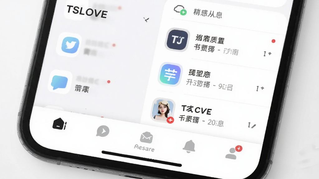 主体为TSLOVE应用界面特写,布局展示底部导航栏与消息列表,排版左右分栏,风格为清新简约,细节包括圆角图标、浅色背景、未读红点,画质清晰,干净,无多余元素