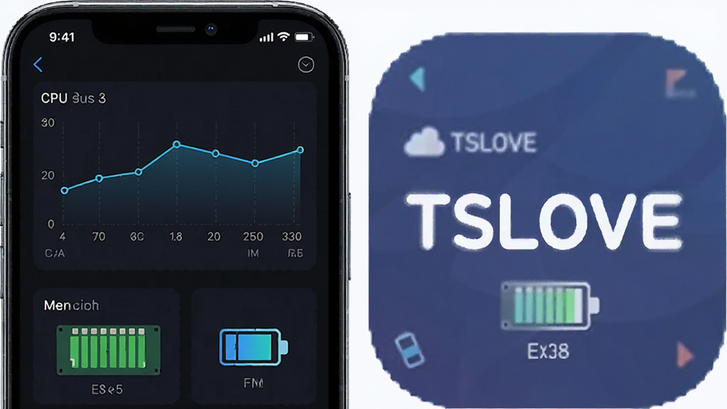 主体为手机性能监控界面与TSLOVE图标并列,布局上下结构,排版突出低耗数据,风格为科技仪表盘风,细节包括CPU占用率曲线、内存条、电池图标,画质高清,干净,无多余元素
