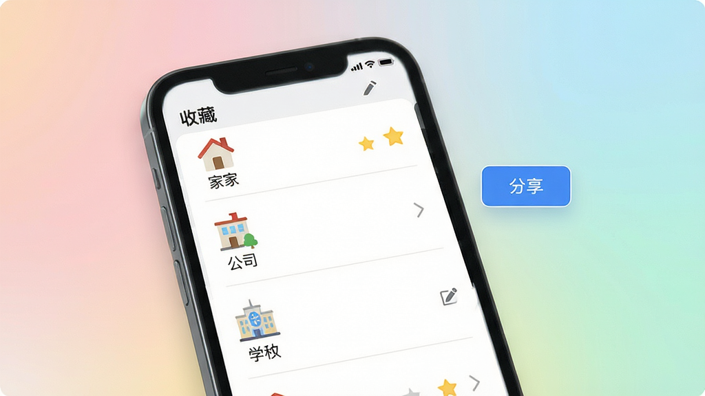一张展示高分地图导航地点收藏与分享功能的图片,画面中手机屏幕显示收藏列表,包含家、公司、学校等图标标签,旁边有分享按钮,背景为柔和渐变色彩,风格清新现代,细节包括星标和编辑按钮,画质高清,干净,无多余元素