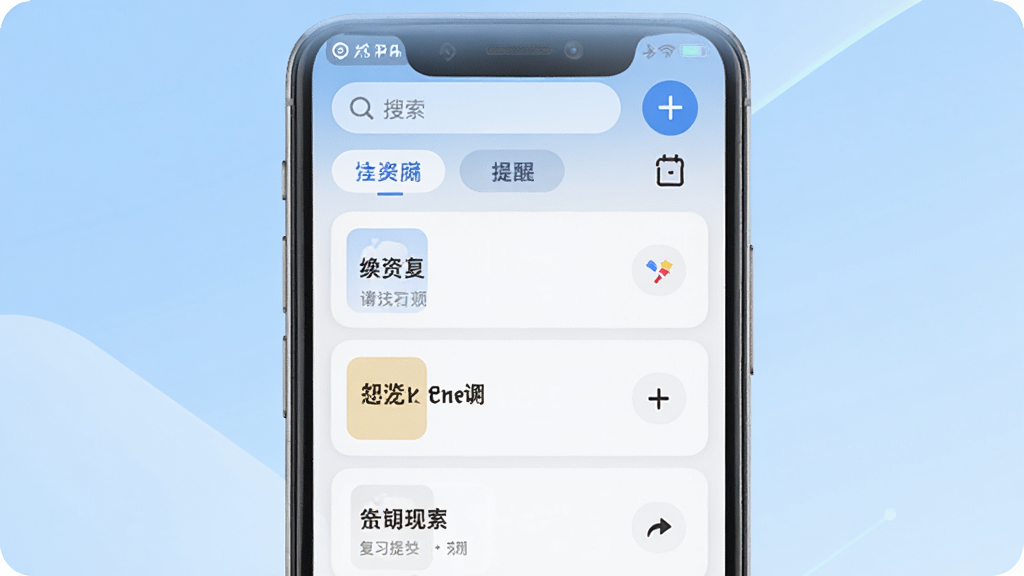 有词科技APP主界面展示,居中构图,手机屏幕内显示词汇卡片列表与分类标签,背景为浅蓝色渐变,风格简洁现代,细节包括搜索栏、添加按钮、复习提醒图标,画质清晰,干净,无多余元素