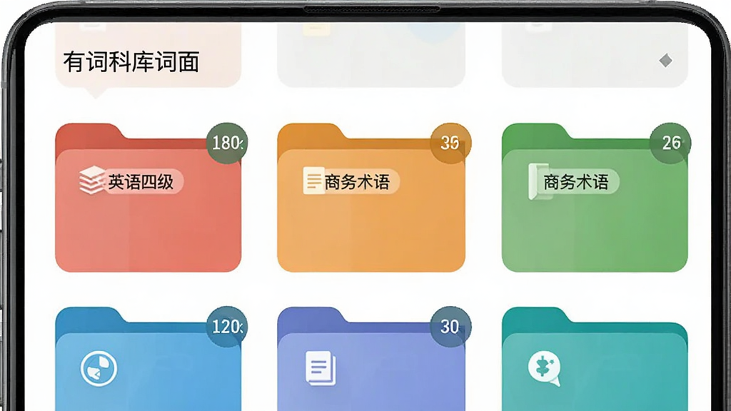 有词科技词库分类管理界面,手机屏幕内显示多个彩色词库文件夹,文件夹上有标签文字如
