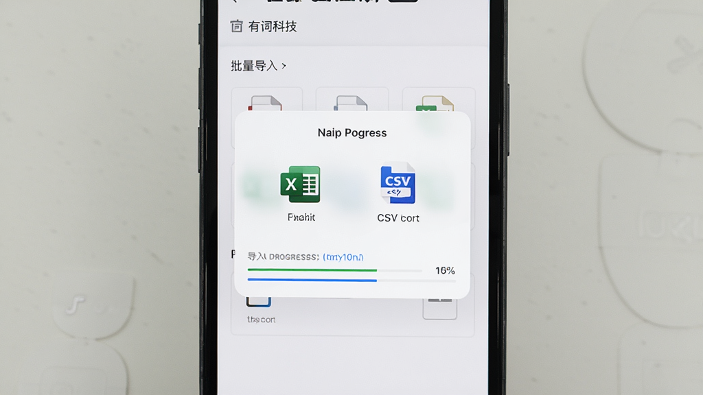 有词科技批量导入界面,手机屏幕内显示文件选择弹窗与导入进度条,背景为白色,风格简洁工具类,细节包括Excel图标、CSV图标、进度百分比,画质清晰,干净,无多余元素