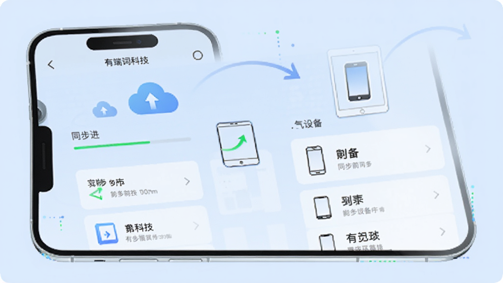 有词科技云端同步界面,手机屏幕内显示同步进度与设备列表,背景为淡蓝色,风格科技感,细节包括云朵图标、手机与平板图标、同步箭头,画质清晰,干净,无多余元素