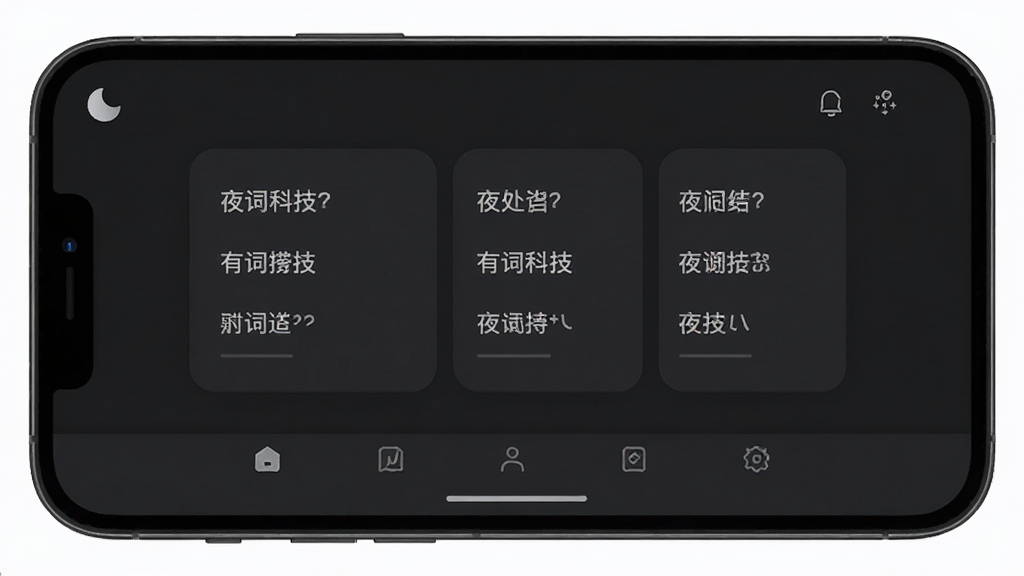 有词科技夜间模式界面,手机屏幕内显示深色背景与浅色文字词条,背景为深灰色,风格暗色主题,细节包括月亮图标、词条卡片、底部导航栏,画质清晰,干净,无多余元素