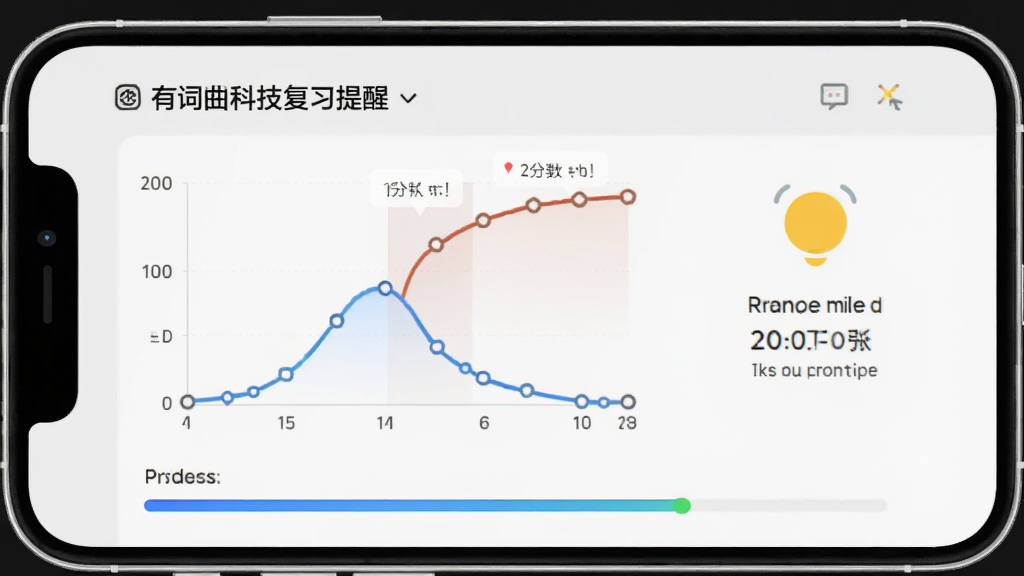 有词科技复习提醒界面,手机屏幕内显示遗忘曲线图表与待复习词条数量,背景为浅灰色,风格数据可视化,细节包括曲线图、提醒铃铛图标、进度条,画质清晰,干净,无多余元素