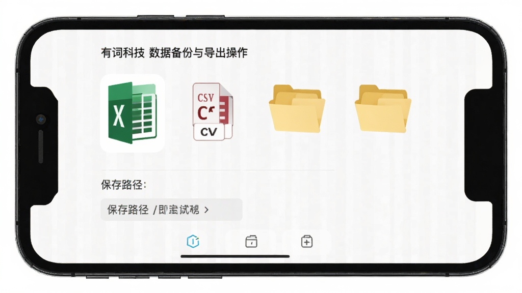 有词科技数据备份与导出操作界面,手机屏幕内显示导出格式选择与保存路径,背景为白色,风格工具类,细节包括Excel图标、CSV图标、文件夹图标,画质清晰,干净,无多余元素