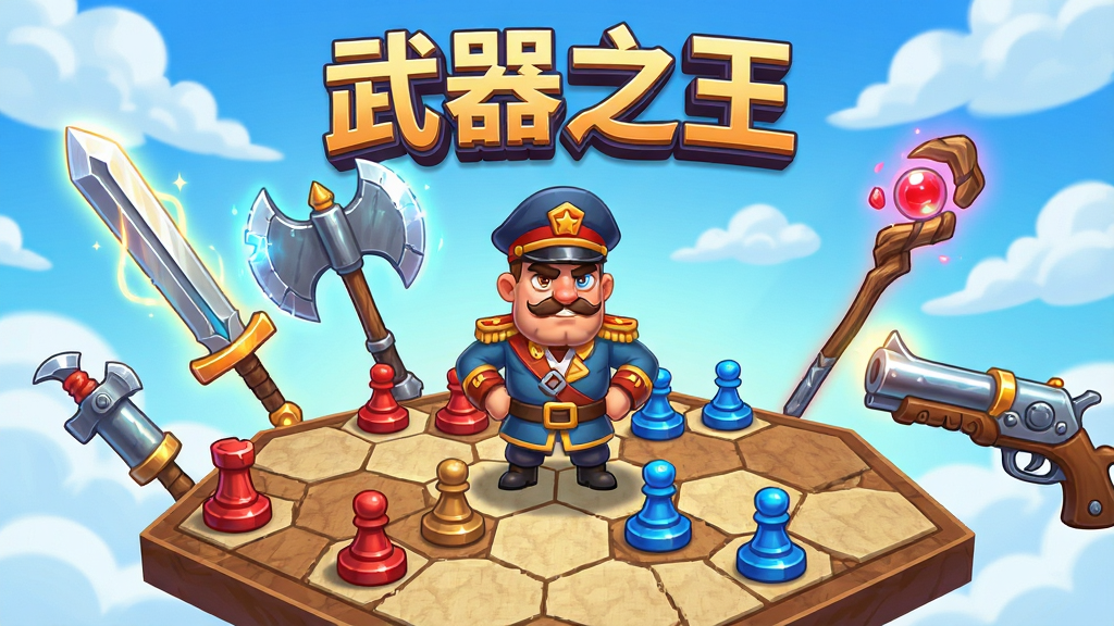 一幅以武器之王游戏为主题的宣传图,画面中央是一位卡通风格的指挥官角色站在六边形棋盘上,周围环绕着各种造型夸张的武器,包括长剑、巨斧、法杖和火枪,棋盘上分布着红蓝两色的棋子,背景是明亮的天空和漂浮的云朵,整体采用卡通渲染风格,色彩鲜艳明快,布局采用中心构图,棋盘占据画面下半部分,武器环绕在角色周围形成视觉焦点,排版上游戏名称“武器之王”以立体艺术字形式出现在画面顶部中央,细节上武器表面有金属光泽和发光特效,棋盘格子有清晰的纹理,画质高清干净,无多余元素
