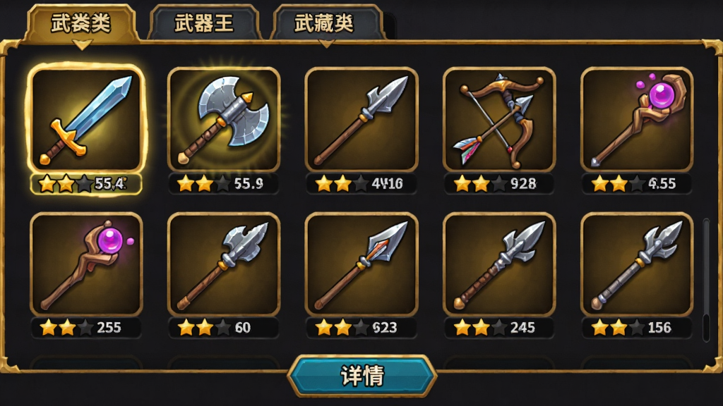 武器之王游戏中的武器收藏界面,画面以网格形式展示多种武器图标,包括长剑、巨斧、长枪、弓箭、法杖等,每个武器图标下方有星级和等级标识,界面采用深色背景搭配金色边框,布局为顶部有分类标签,中间是武器网格,底部有详情按钮,风格为卡通奇幻风格,细节上武器图标有光泽和阴影,选中状态有高亮光圈,画质高清干净,无多余元素