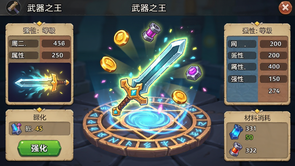 武器之王游戏中的武器强化界面,画面中央是一把发光的长剑悬浮在强化阵中,周围有金币和材料图标飞入剑身,界面两侧有属性数值对比面板,布局为上方显示武器名称和等级,中间是强化动画区域,下方是强化按钮和材料消耗列表,风格为卡通奇幻风格,细节上强化阵有旋转符文,武器有粒子光效,画质高清干净,无多余元素