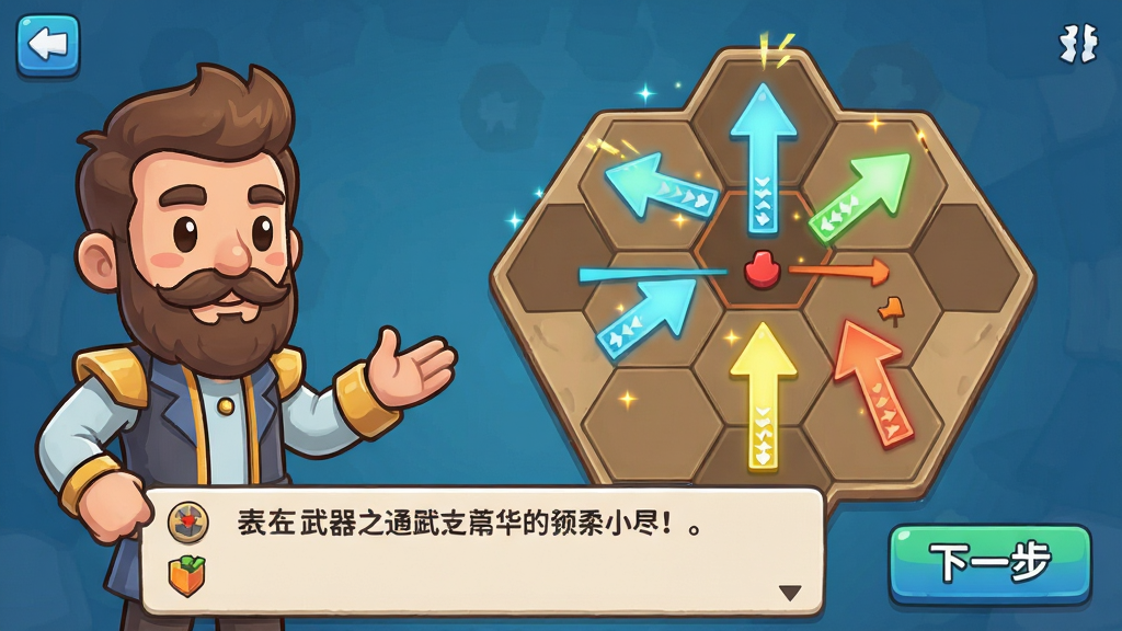 武器之王游戏新手引导界面截图,画面展示一位卡通导师角色在六边形棋盘旁向玩家讲解操作,棋盘上有高亮箭头指示移动和攻击步骤,界面底部有对话气泡和下一步按钮,布局为导师角色在左侧,棋盘在右侧,风格为卡通教学风格,细节上高亮箭头有闪烁效果,对话气泡有文字内容,画质高清干净,无多余元素