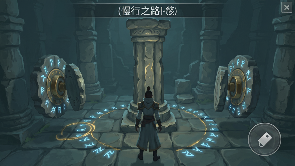 慢行之路(steam移植)解谜界面展示图,画面展示一个古代遗迹中的机关谜题,主角站在石柱前,周围有可旋转的石盘与发光符文,界面UI简洁,采用半透明设计,整体色调为青灰色与金色,风格神秘而宁静,画质清晰,无多余元素