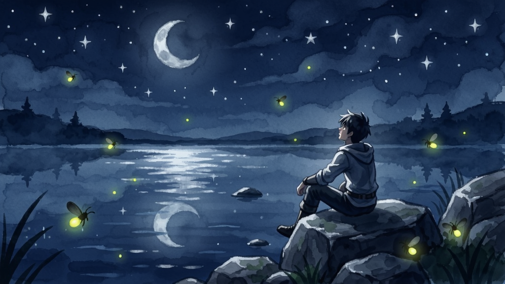慢行之路(steam移植)游戏场景展示图,画面为夜晚的湖畔,湖面倒映着星空与月亮,主角坐在岸边岩石上仰望天空,周围有萤火虫飞舞,画面采用深蓝色与银白色的冷色调,水彩渲染风格,细节丰富,画质清晰,无多余元素