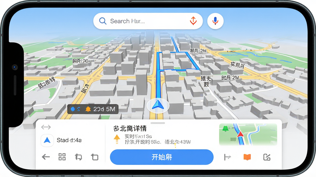 画面主体为高北地图导航手机应用界面,布局采用居中展示,上方为搜索栏与语音输入图标,中间为三维城市地图与蓝色导航路线,下方为路线详情卡片与开始导航按钮,排版整齐清晰,风格为现代科技感扁平化设计,细节包含道路名称、方向箭头、距离提示与实时路况颜色标识,画质高清,干净,无多余元素