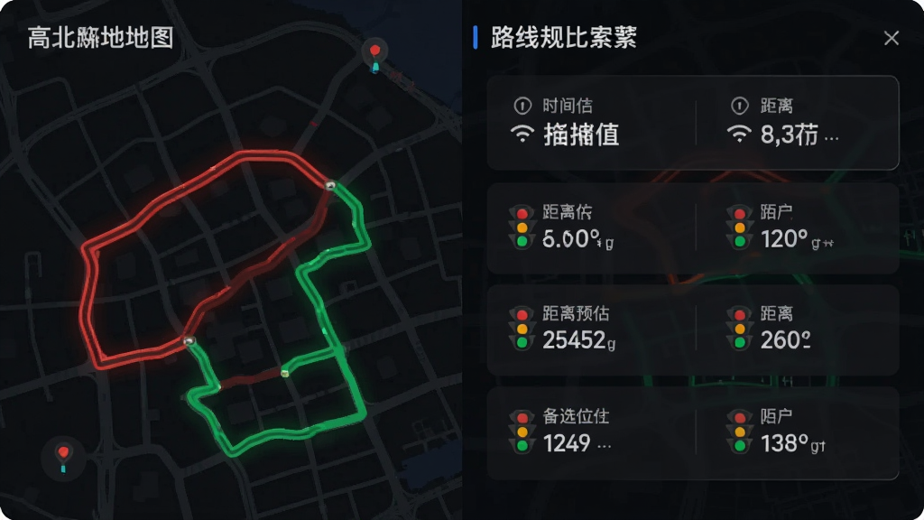 画面主体为高北地图导航智能路线规划功能展示,布局采用左右分栏,左侧为拥堵路段红色标识与备选路线绿色标识,右侧为路线方案对比列表,排版清晰,风格为现代简约科技风,细节包含时间预估、距离数值、红绿灯数量图标,画质高清,干净,无多余元素