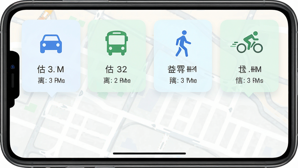 画面主体为高北地图导航多模式出行选择界面,布局采用横向排列的出行方式图标,包含驾车、公交、步行、骑行四种模式,排版简洁,风格为清新浅色系扁平化设计,细节包含每种模式下的预估时间与距离,画质高清,干净,无多余元素