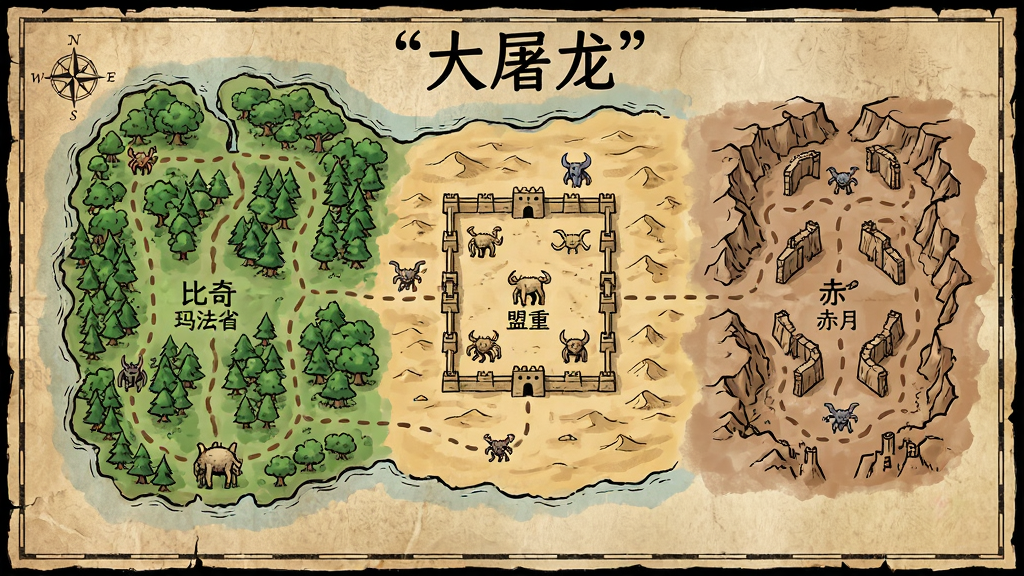 画面主体是复古风格的玛法大陆地图全貌,布局采用横向宽幅展示,左侧为比奇省森林,中部为盟重土城沙漠,右侧为赤月峡谷,排版上地图上方用引号标注“大屠龙”字样,风格为经典传奇游戏手绘地图,细节包括路径线条、地名标注、怪物图标点缀,画质清晰,画面干净,无多余元素