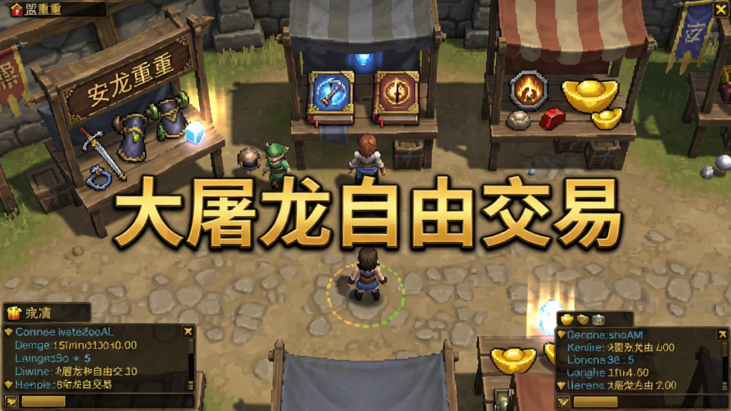 画面展示游戏内摆摊交易场景,主体是多个玩家角色在盟重土城安全区摆摊,摊位上有装备、技能书、元宝等物品图标,布局采用俯视视角,排版中央用醒目的金色字体标注“大屠龙自由交易”,风格为像素风与写实结合的传奇游戏界面,细节包括摊位招牌、物品光柱、聊天框文字,画质高清,画面干净,无多余元素