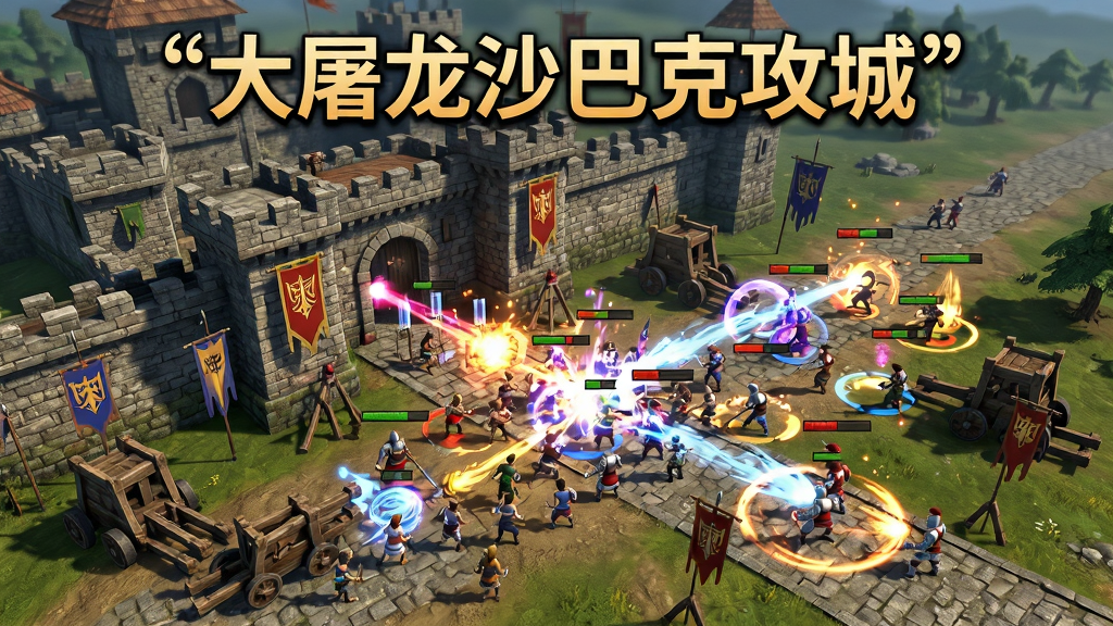 画面展示沙巴克攻城战场景,主体是大量玩家角色在城堡门前混战,技能光效满天飞,布局采用远景俯视,排版上方用引号标注“大屠龙沙巴克攻城”,风格为传奇游戏大型团战宣传图,细节包括城墙、攻城车、行会旗帜、技能特效,画质高清,画面干净,无多余元素